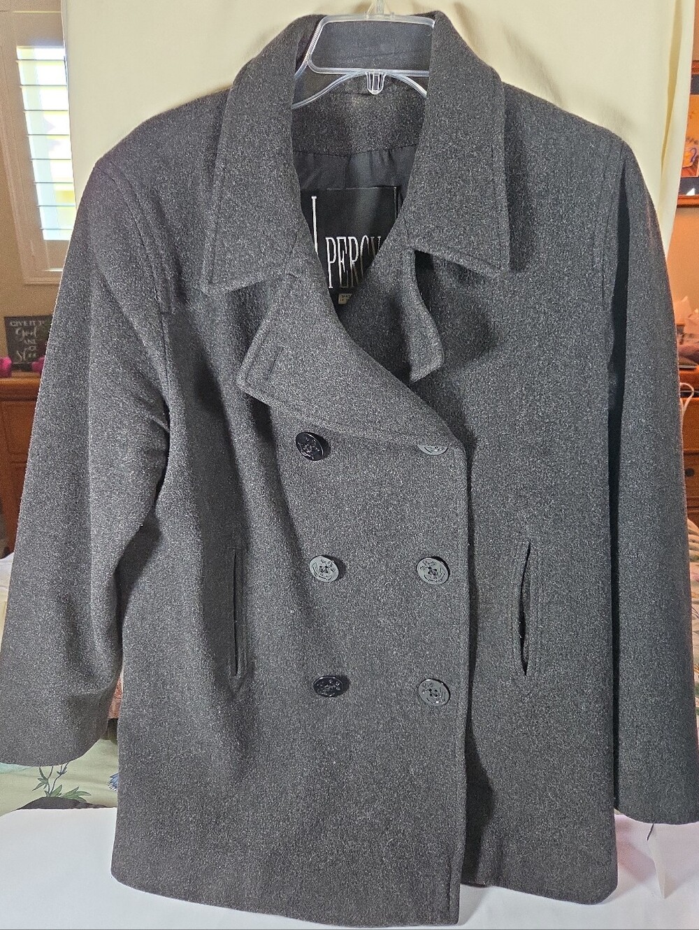 J Percy 100% Merino Wool Pea Coat Grey Nautical  Made in USA size 10